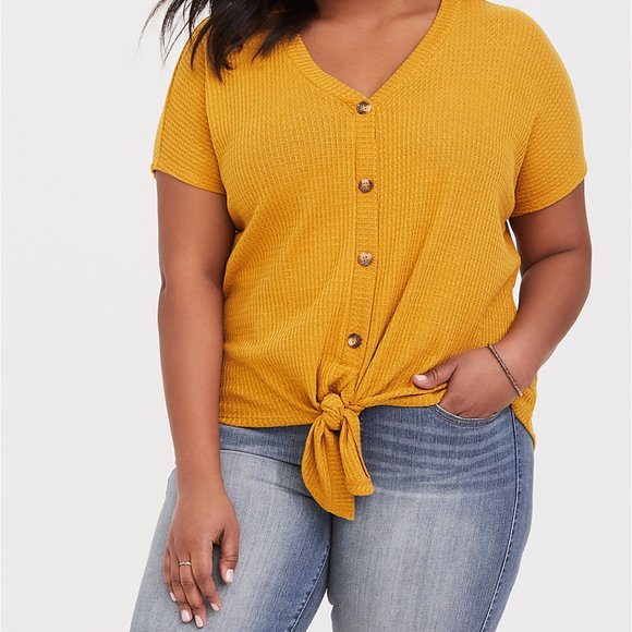 torrid Tops - Torrid Yellow Waffle Knit Front-Tie Tee
